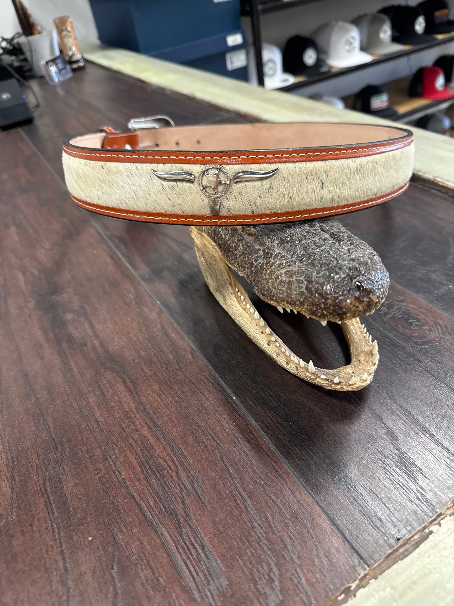 Cowhide belt longhorn Texas star
