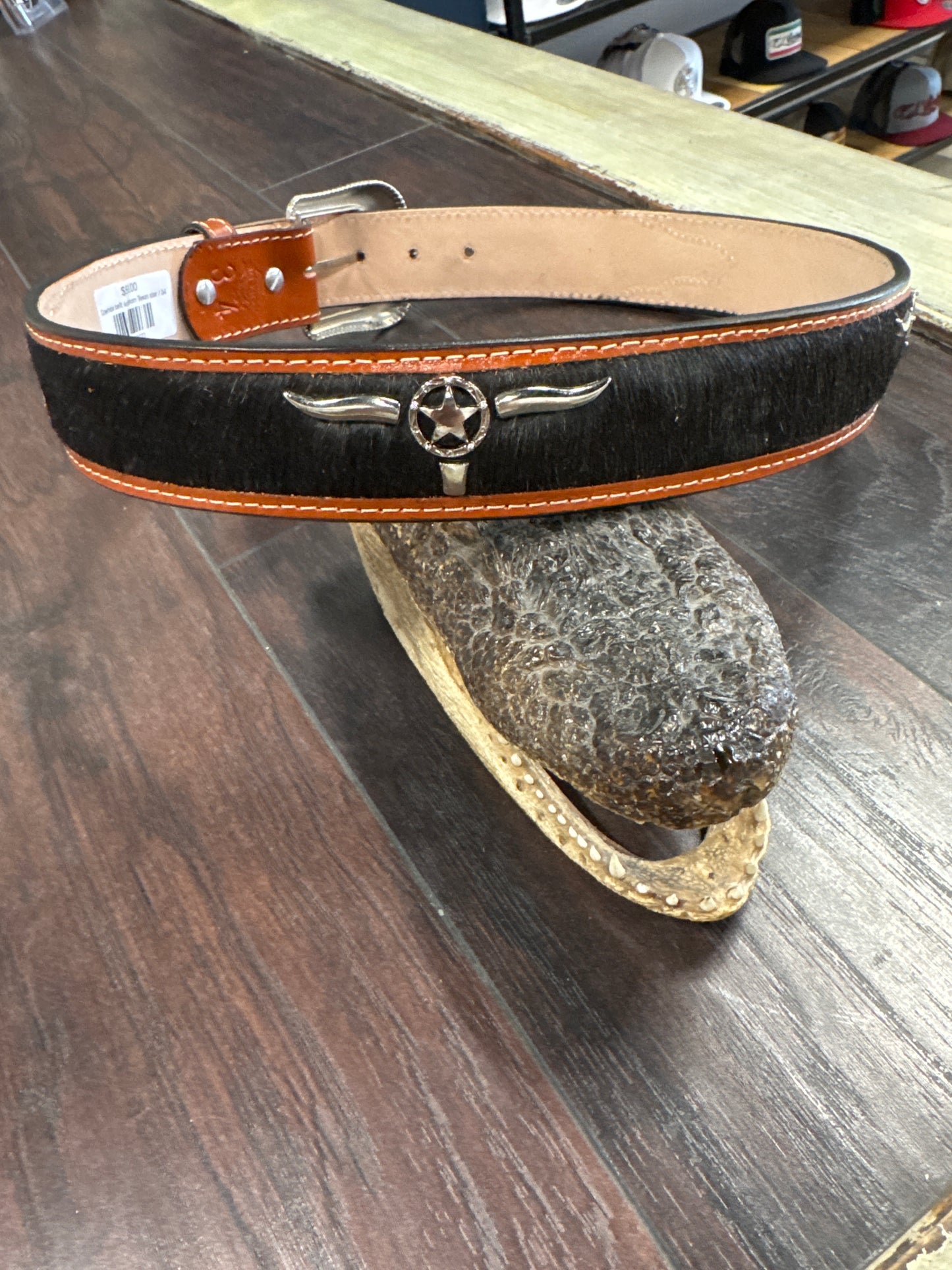 Cowhide belt longhorn Texas star