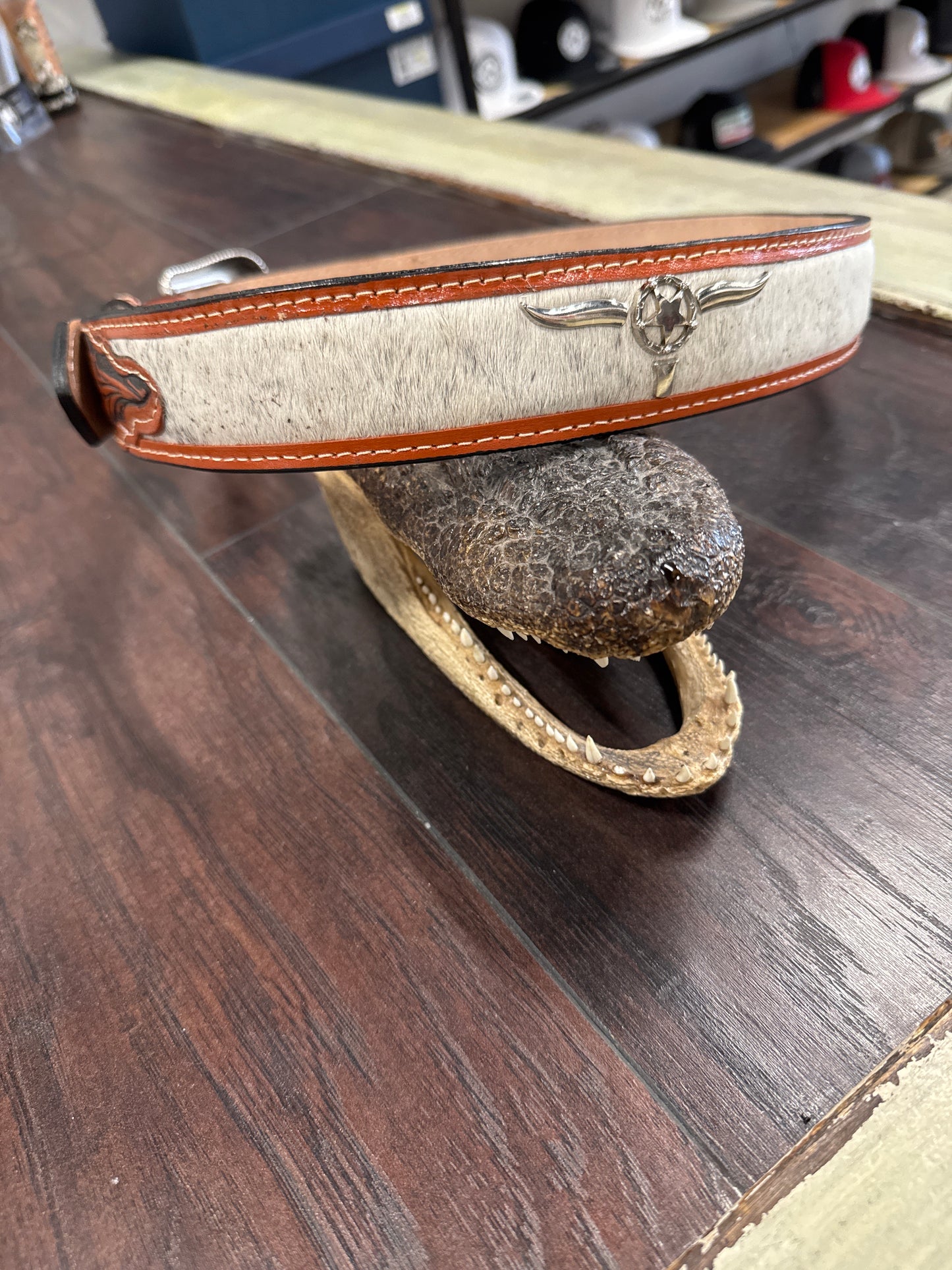 Cowhide belt longhorn Texas star
