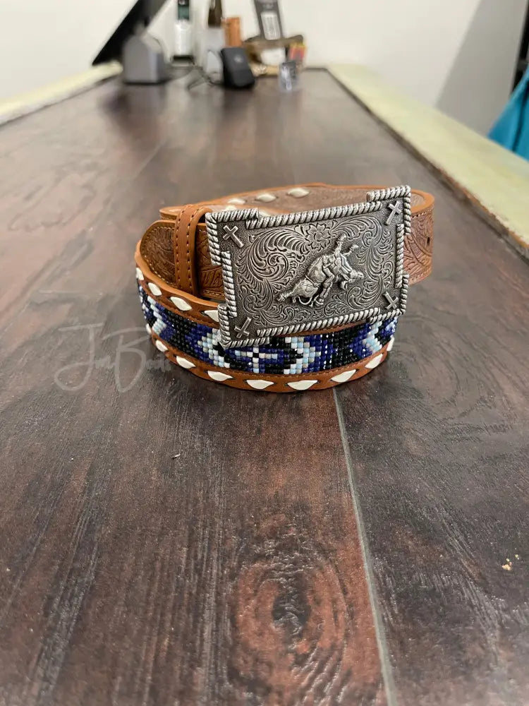 3D Belt Boy’s 3D BOYS BELT FEATHER EMBOSSED BEADED INLAY BLUE