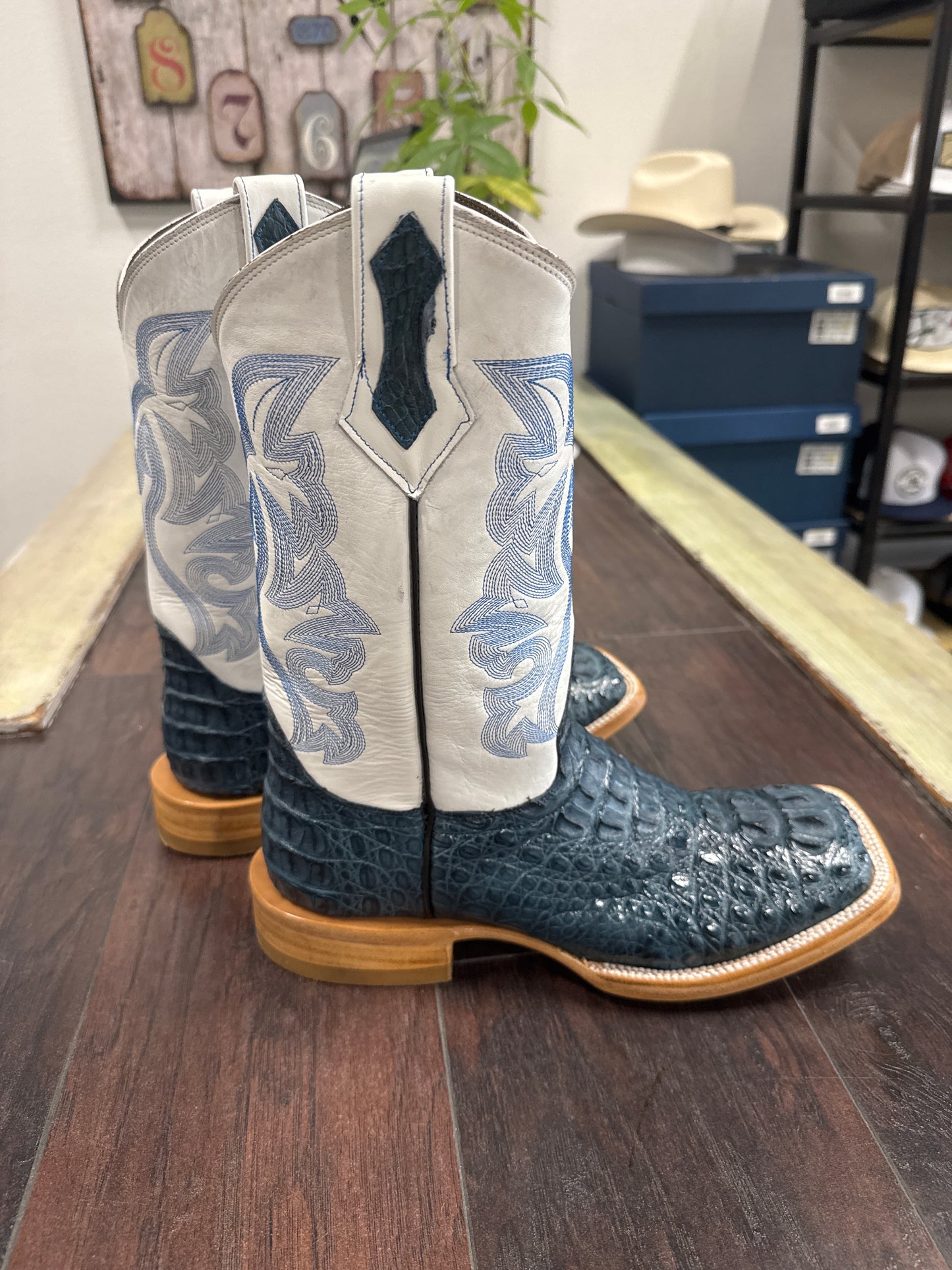Caiman hornback neck- blue jean