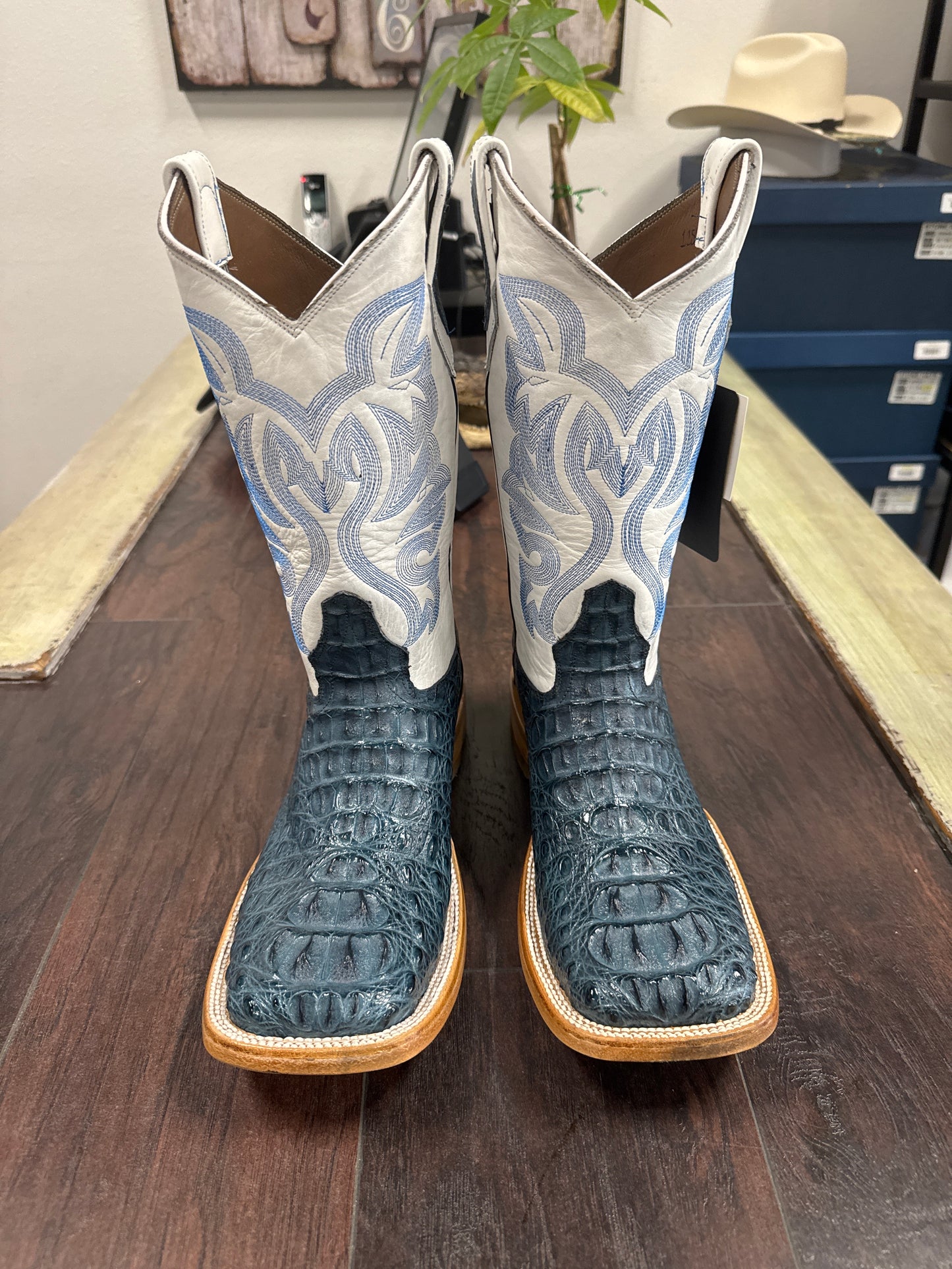 Caiman hornback neck- blue jean