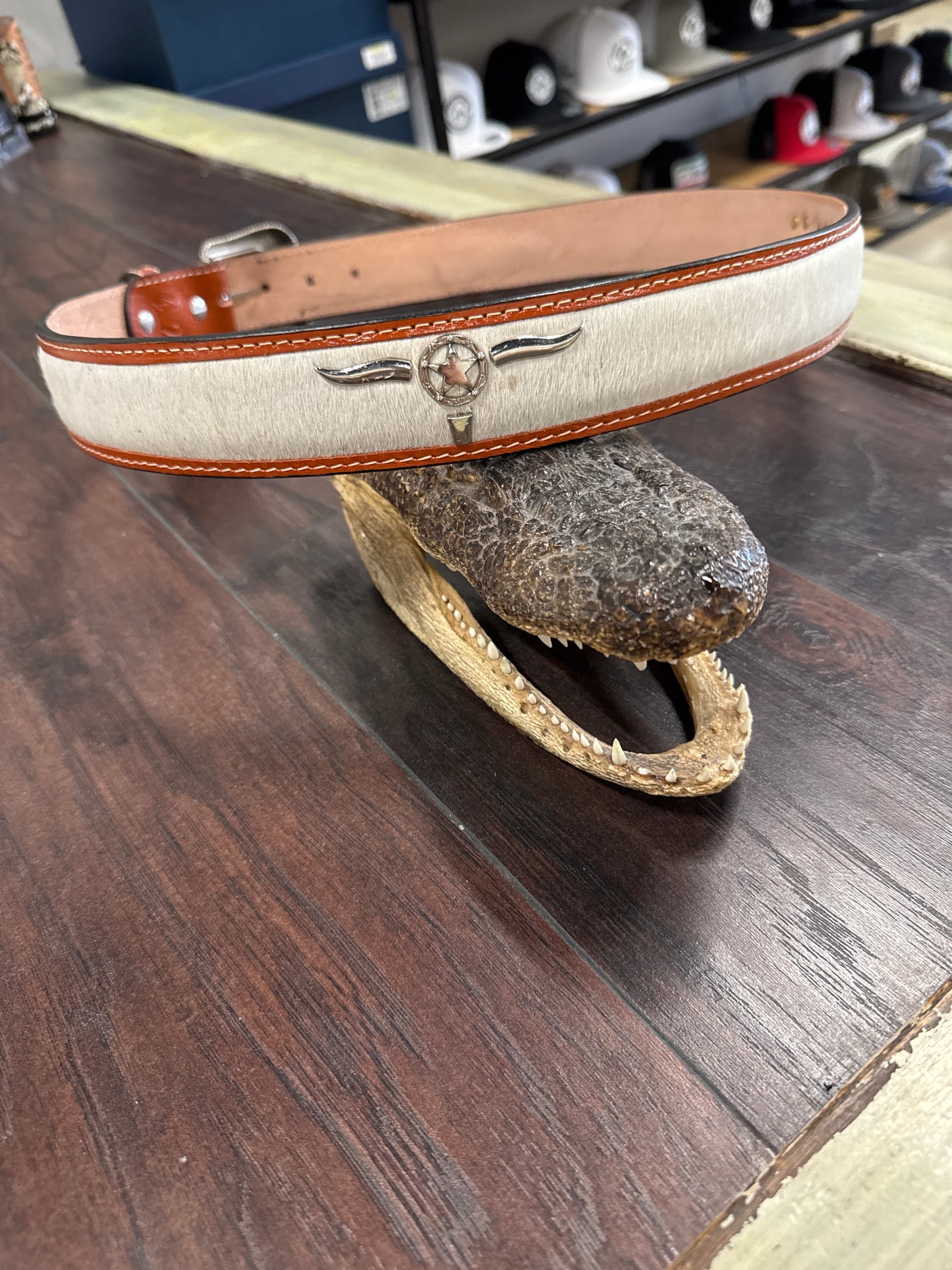 Cowhide belt longhorn Texas star