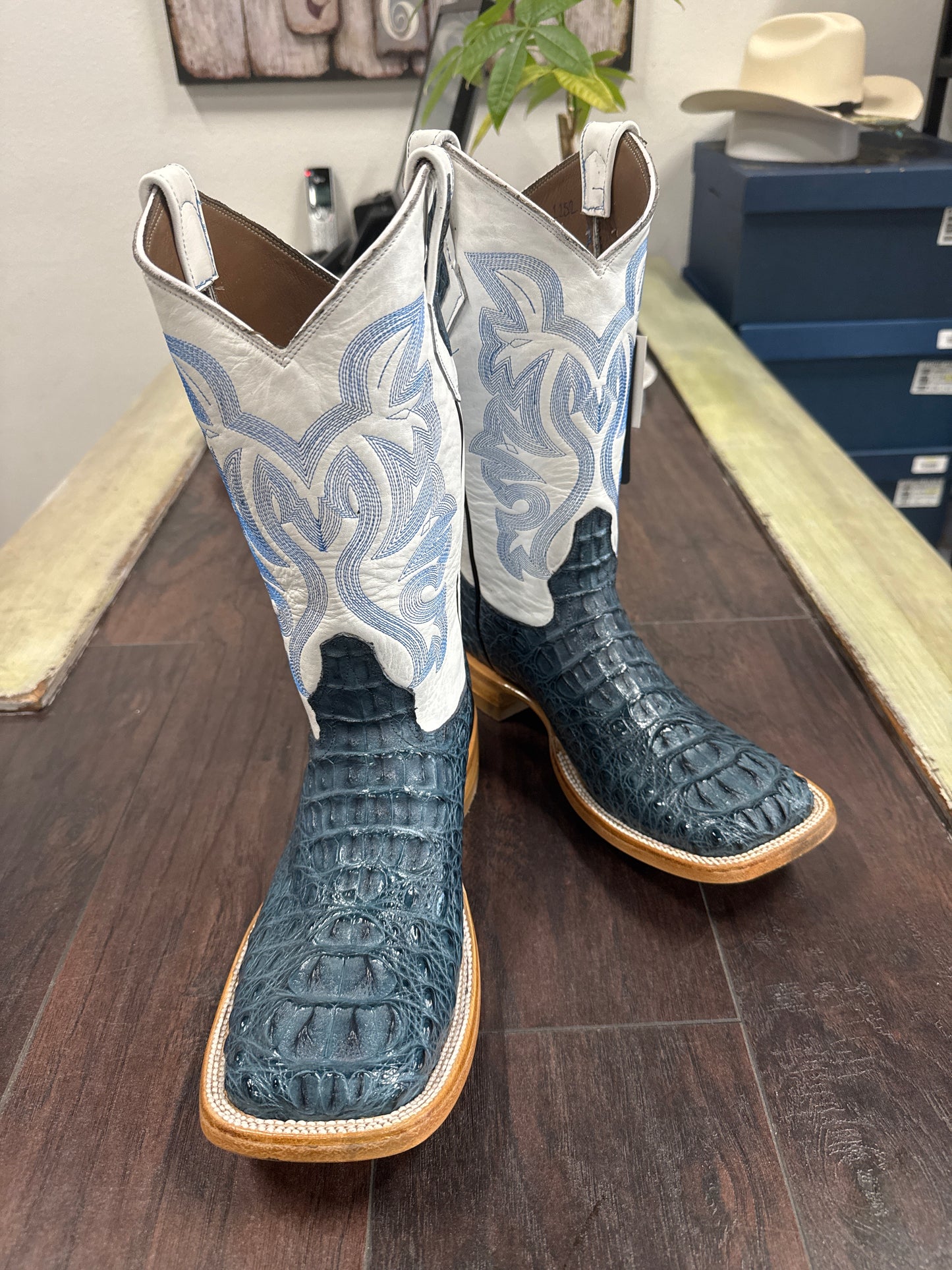 Caiman hornback neck- blue jean