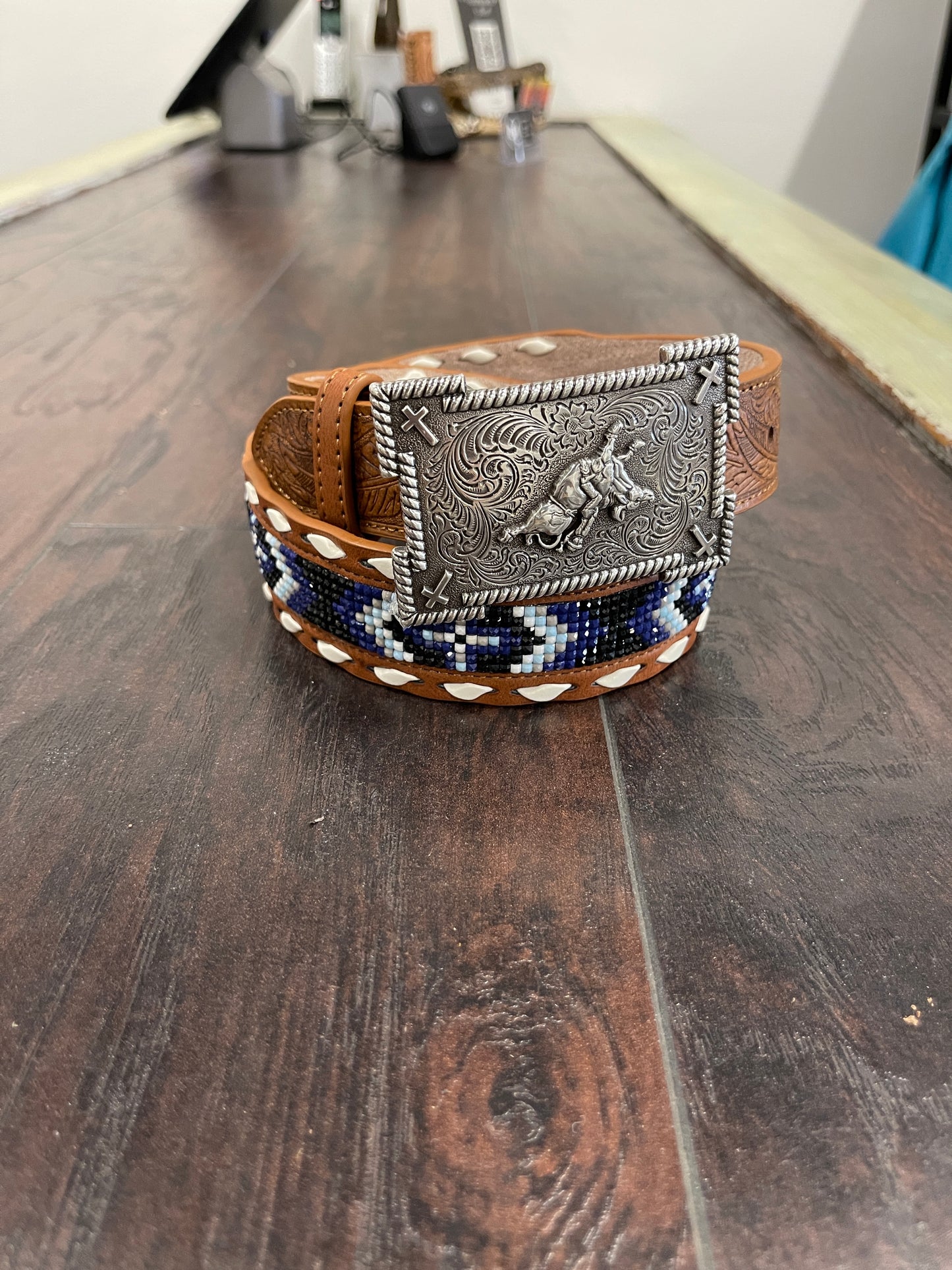 3D Belt Boy's 3D BOYS BELT FEATHER EMBOSSED BEADED INLAY BLUE