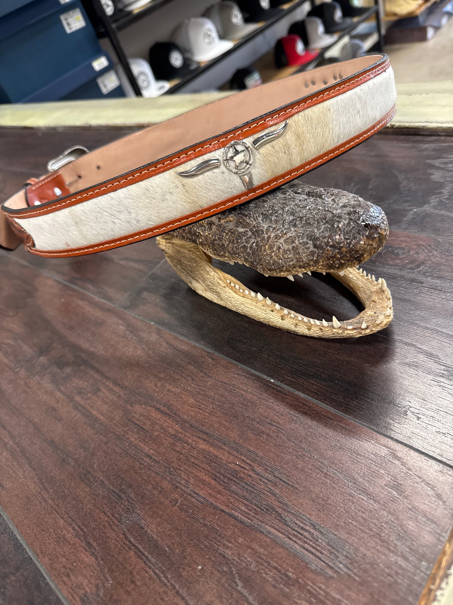 Cowhide belt longhorn Texas star