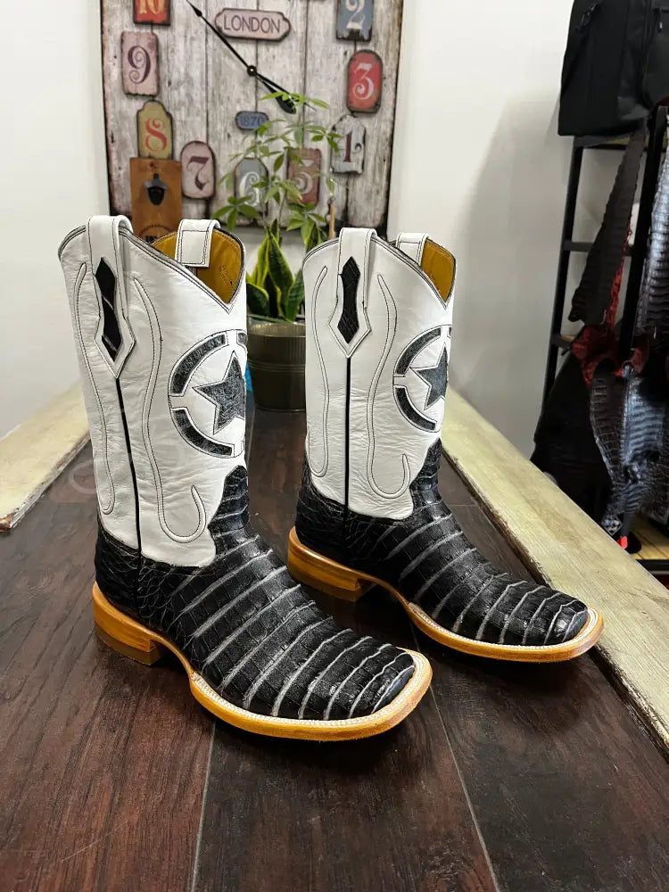 Caiman Belly- Zebra gray Cowboy boots