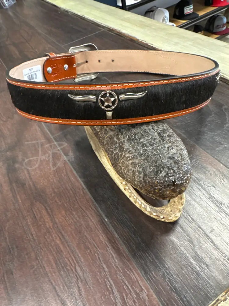 Cowhide belt longhorn Texas star