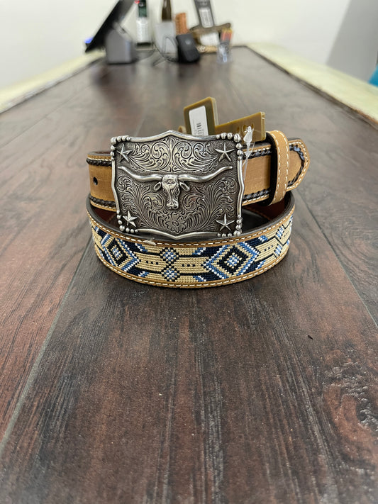 3D Western Boys Belt Youth Embroidered Longhorn Buckle Brown