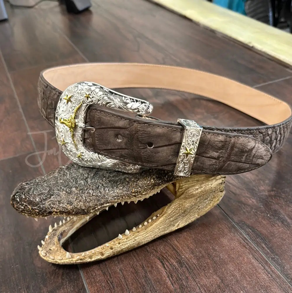 Belt Am.Alligator Rustic Brown - 1 1/2” - Sz 36 - Metal Buckle - Exotic- Belt