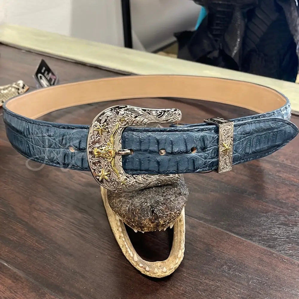 Belt CMN blue Jean - 1 1/2”- Sz 44 - metal buckle - exotic belt
