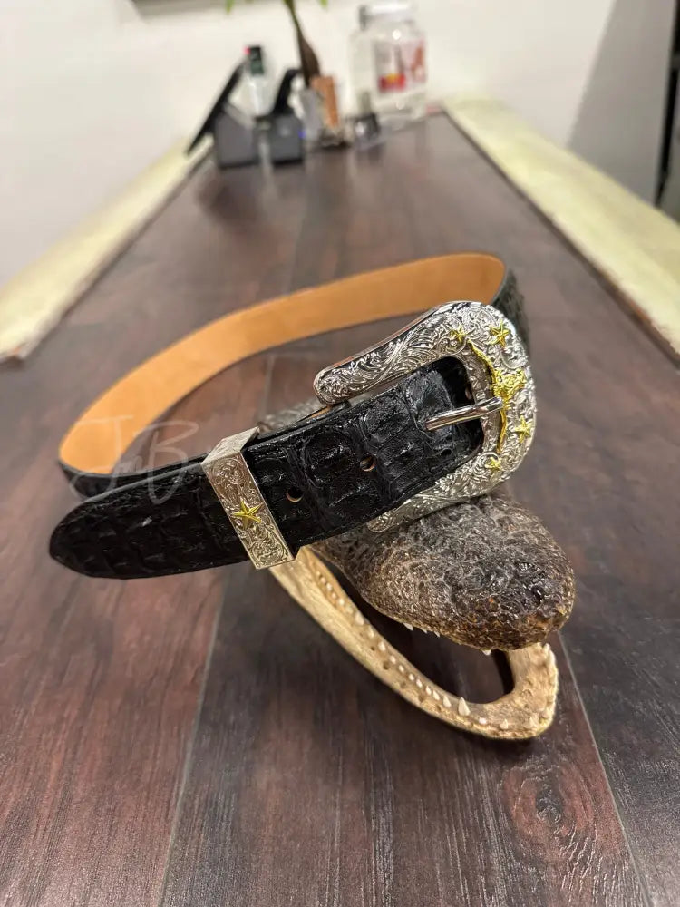 Black Caiman Belt - Sz 32- 1 1/2 metal buckle - belt