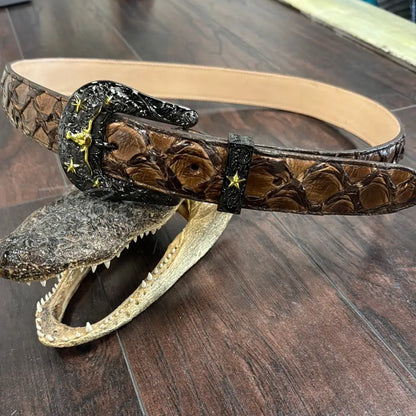 Glossy PRR mustang brown/black - 1 1/2”- sz 42 Metal Buckle - Exotic- Belt