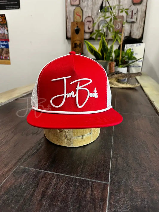 JM Signature Logo- White on Red Hats