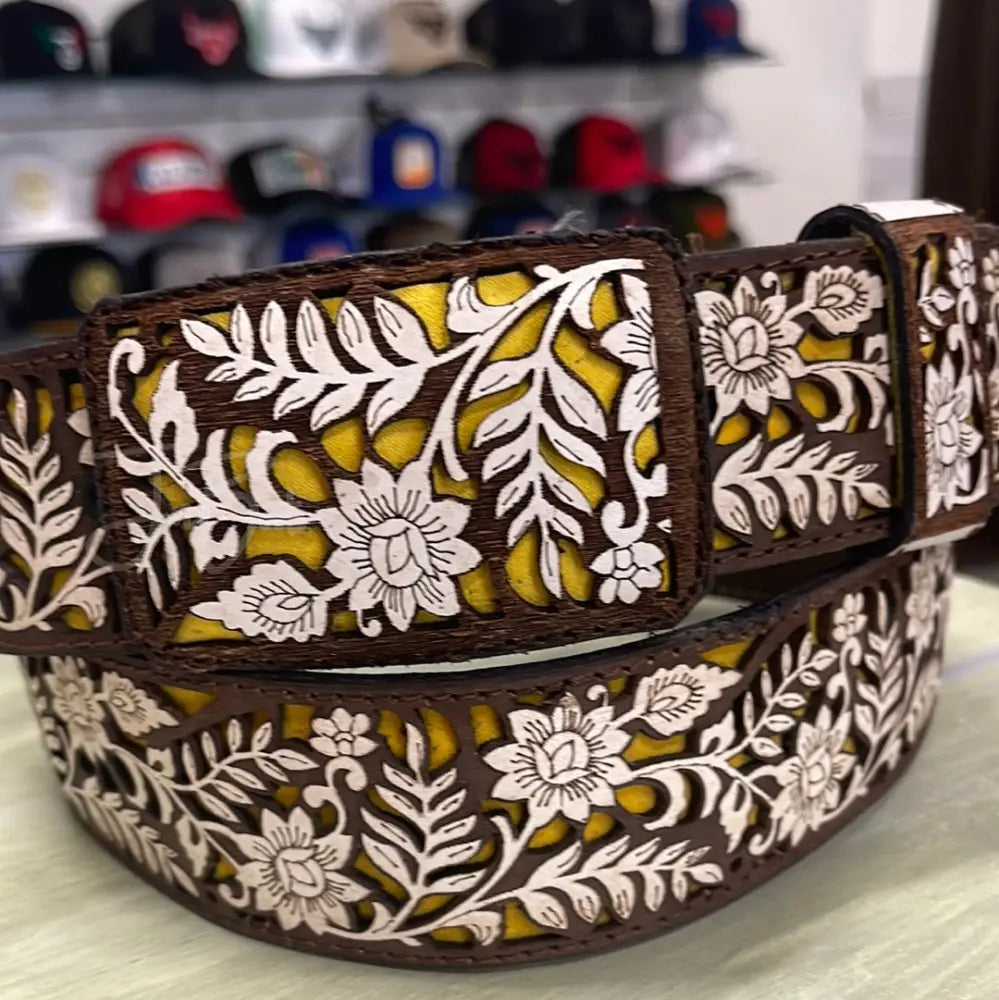 Laser Cut Belt- Flowers/Yellow - 44