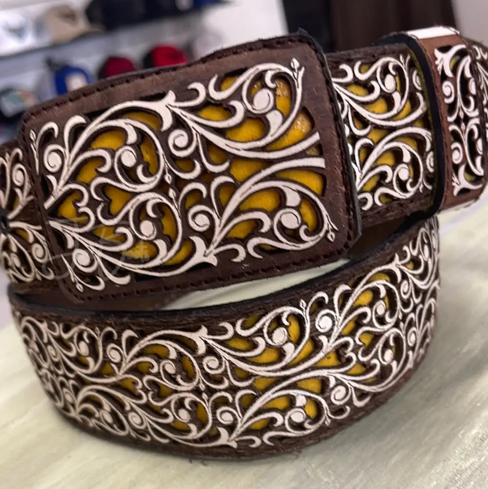 Laser Cut Belt-Vines/Yellow - 38