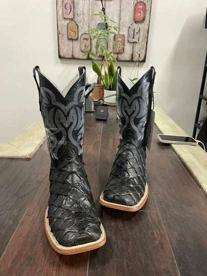 Men’s Exotic Matte Black Leather Fish Boots Boots