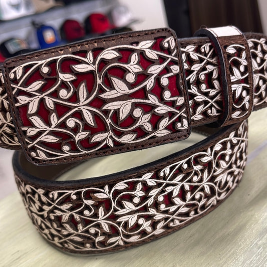 Laser Cut Belt-Vines/Burgundy